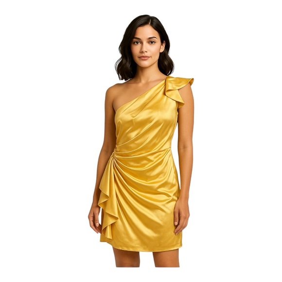 London Times Yellow One-Shoulder Ruched Cocktail Dress – Size 12 - Picture 1 of 9